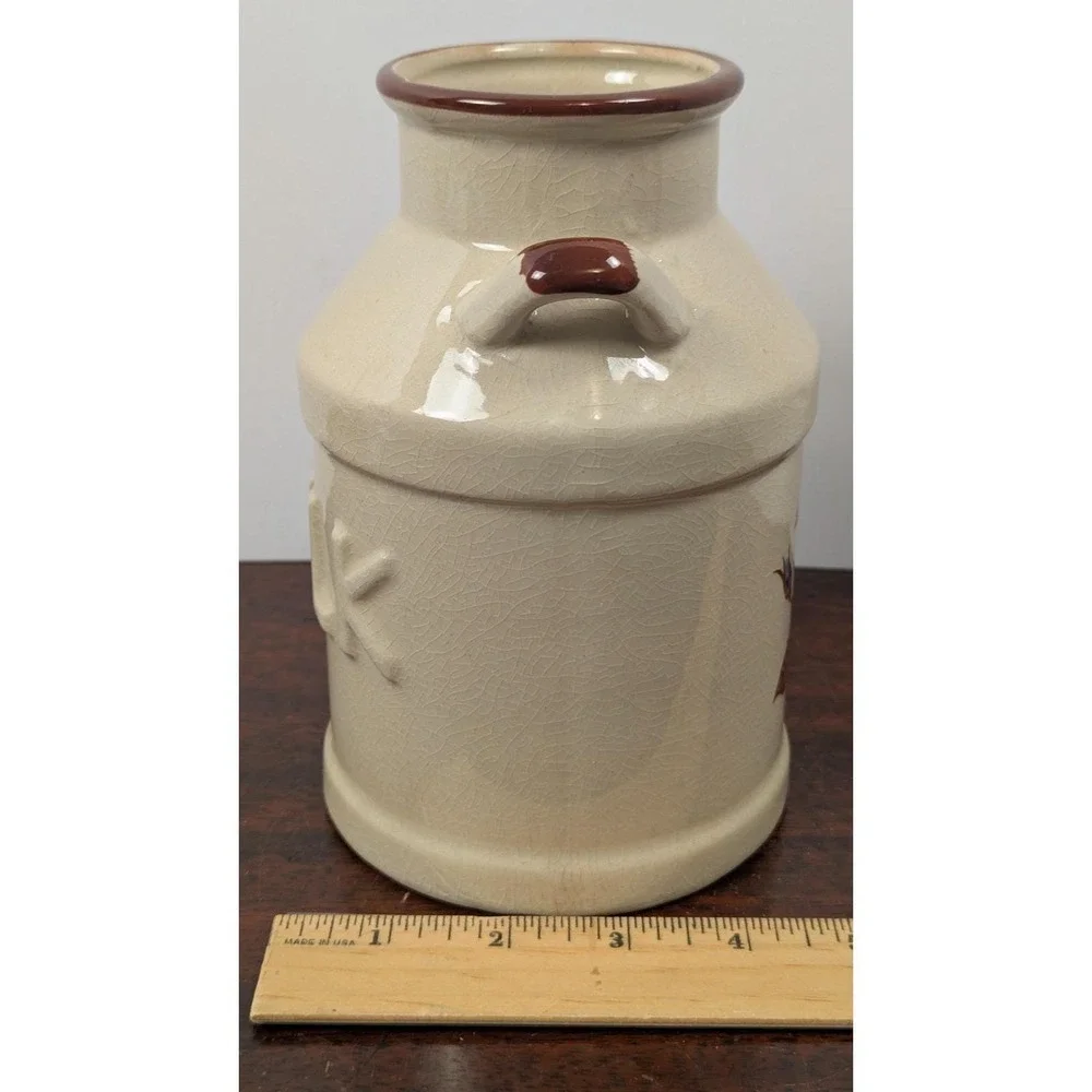 Vintage Farmhouse Ceramic MILK Canister Blue Rose Crackle Glaze Crock 7in